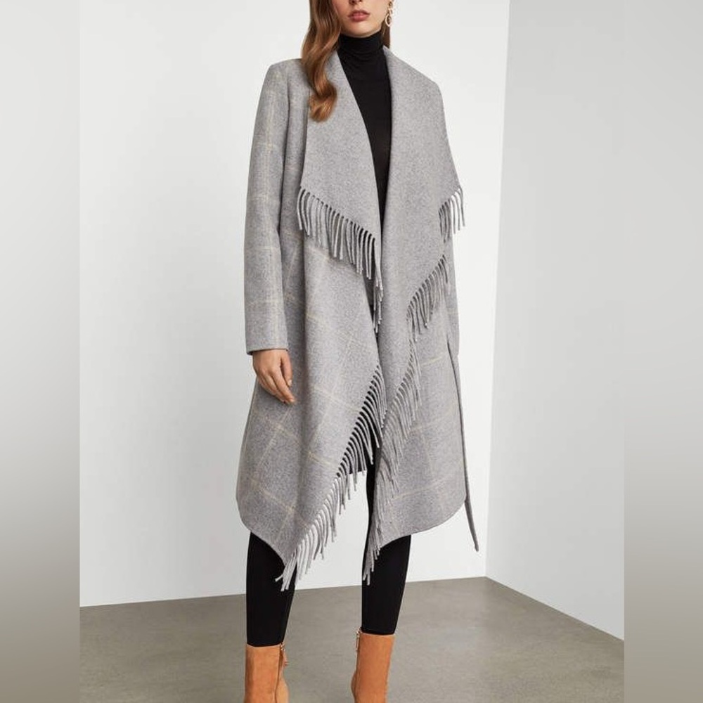 BCBGMaxAzria Fringe-trim Plaid Wrap Coat In Light Gray